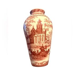 Vintage Red Toile Vase by Burton and Burton 7 X 2" Porcelain Flower collectible